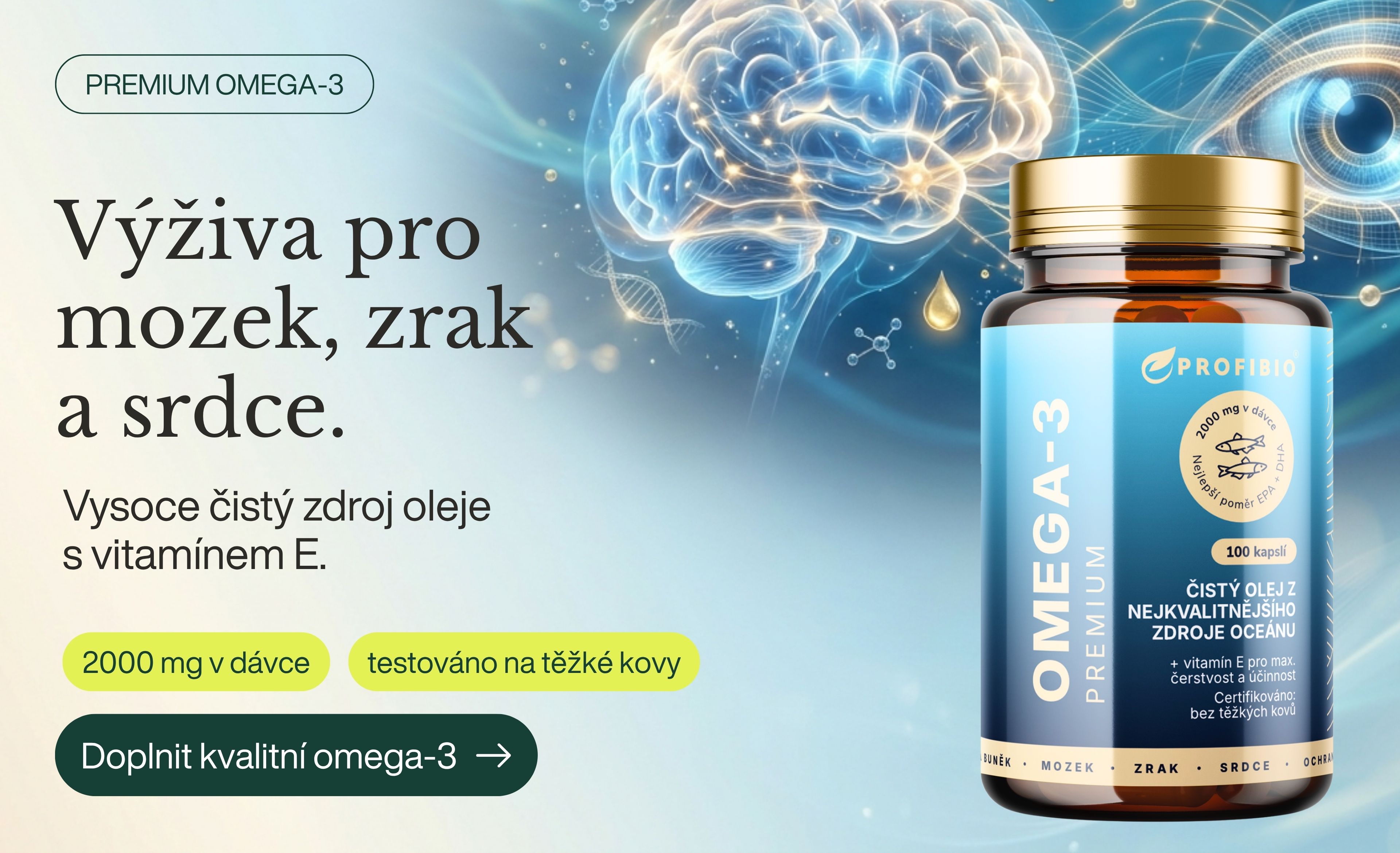 PREMIUM Omega-3 + vitamín E, Čistý rybí olej z ančoviček, 2000 mg, 100 softgel kapslí